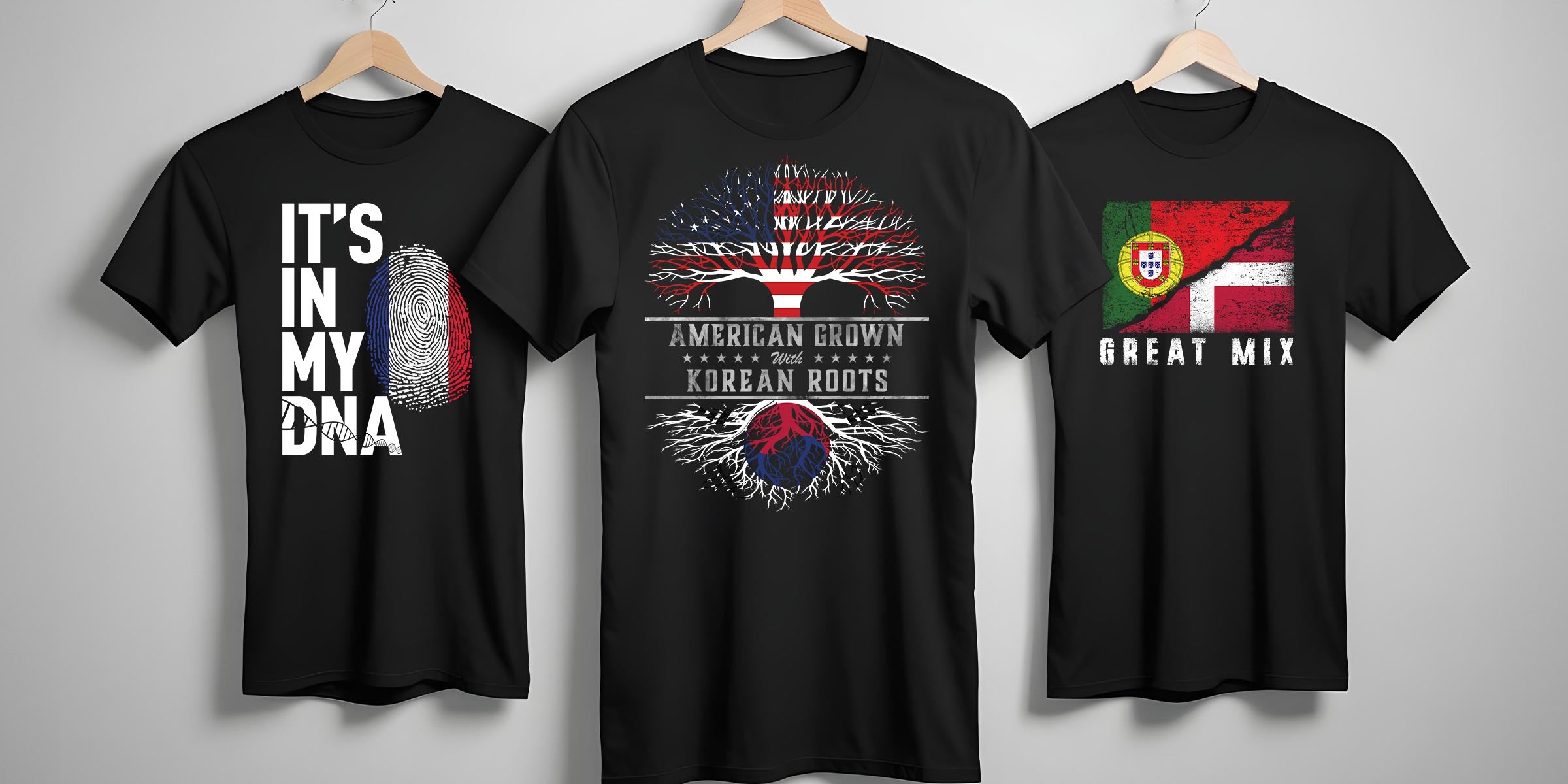 Several T-shirts with different designs and various country flag variations.