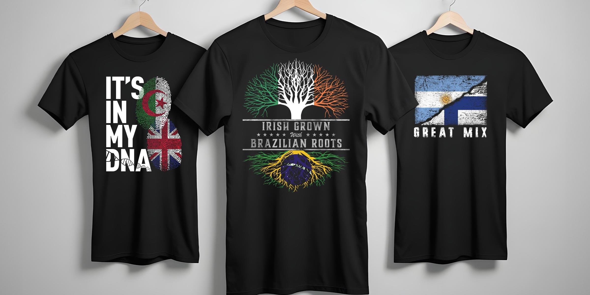 Before / After Slider with 3 different T-shirts including different country flag designs on it.