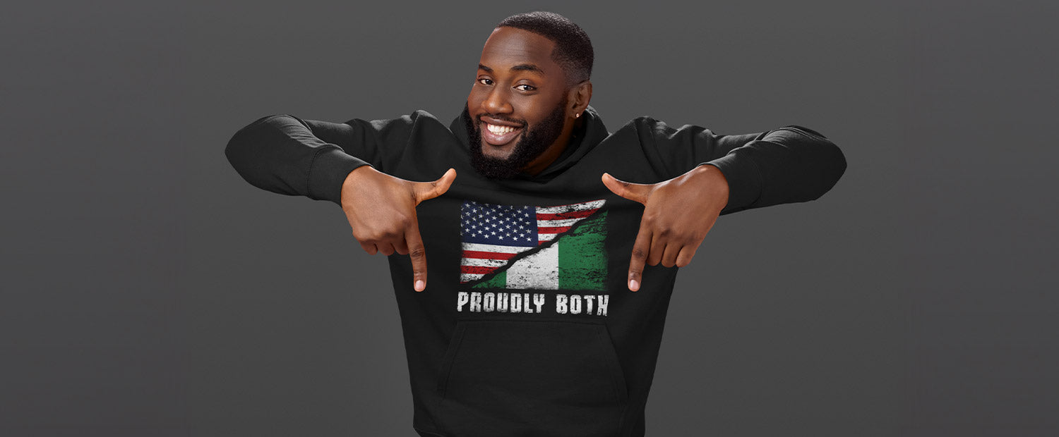Man wearing a T-shirt with two half country flags on it and the text "Proudly Both" on it